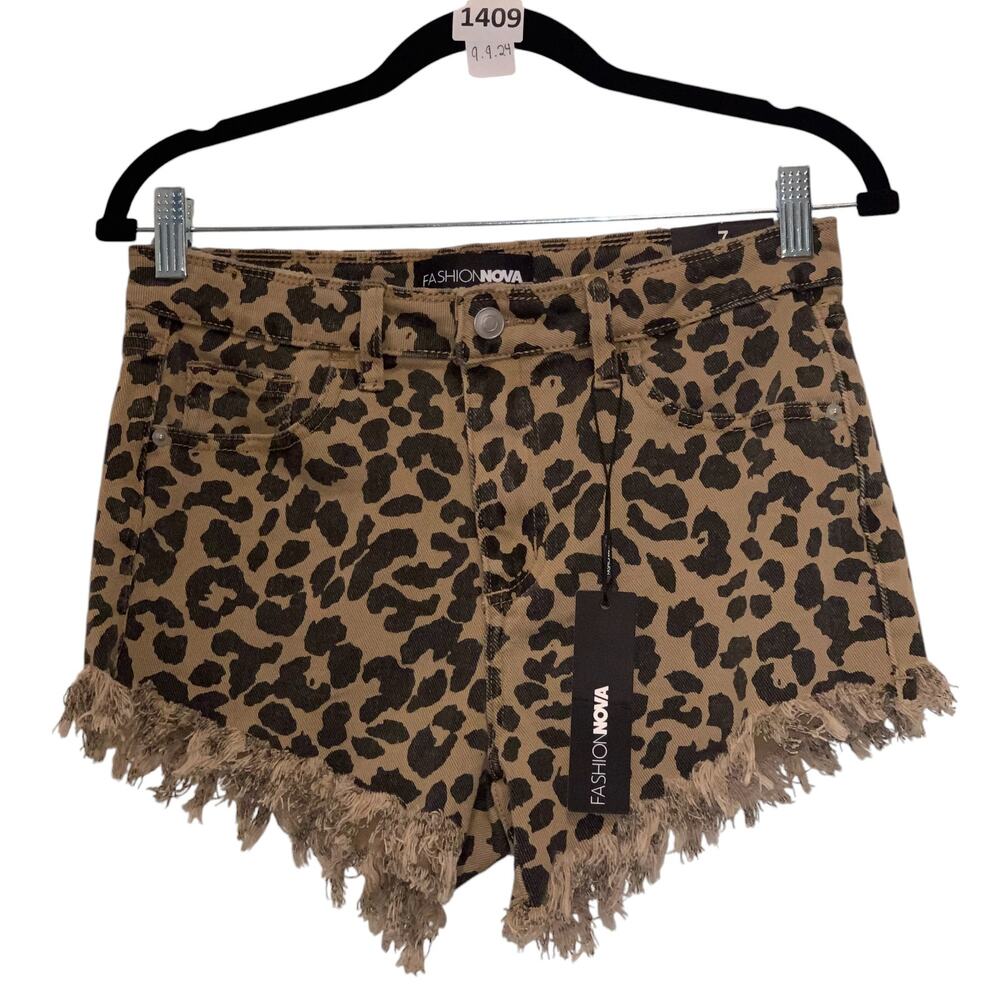Leopard Shorts Frayed Denim Juniors, Fashion Nova, 7J , Tan, Black